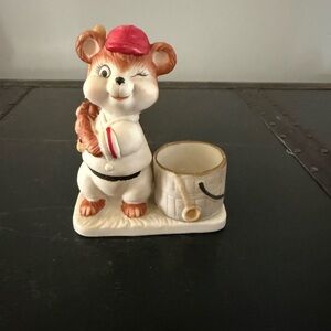 1979 Jasco Luvkin Critters Ceramic Bear Playing Baseball Candle Holder White Red